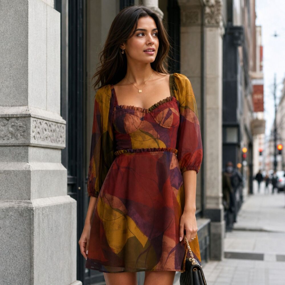 Hutch Adela Balloon‑Sleeve Sweetheart Mini Dress Warm Autumn Print Size 2 New